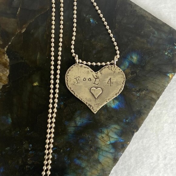 Sterling Silver 925 Hammered Heart Stamped “Fool 4 ♥︎” Love Pendant Necklace 18" - Picture 10 of 16